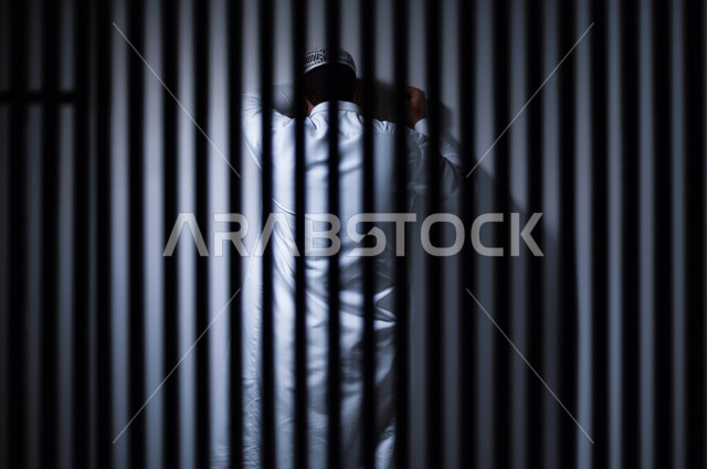 رجل عربي خليجي سعودي خلف القضبان الحديدية ، رجل سعودي يضع راسه على الحائط ، الشعور بالندم والوحدة ، ينتظرالحرية 