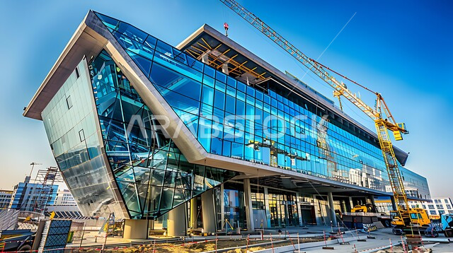 Building the main façade and implementing the reconstruction plan by forming the basic structure of the building, a skyscraper under construction in the Kingdom of Saudi Arabia, heavy machinery and equipment, cranes and high scaffolding, the concept of structural and architectural engineering, a tower under construction using modern mechanisms