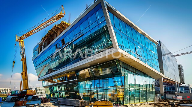 A skyscraper under construction in the Kingdom of Saudi Arabia, building the main facade and implementing the reconstruction plan by forming the basic structure of the building, heavy machinery and equipment, cranes and high scaffolding, the concept of structural and architectural engineering, a tower under construction using modern mechanisms