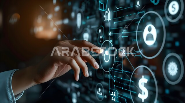 تحسين كفاءة العمل، صورة مقربة ليد رجل يقوم بلمس ايقونات التكلفة والجودة الافتراضية، استخدام التقنيات الالكترونية الحديثة، شاشات الكترونية مضيئة، عناصر ورموز هولوجرامية ثلاثية الابعاد، النمو التكنولوجي في الذكاء الاصطناعي