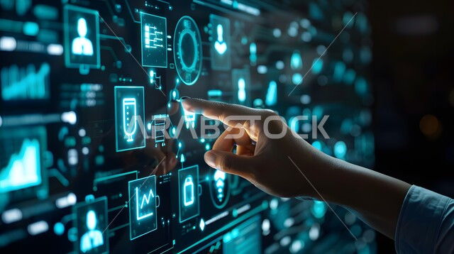 Improving work efficiency, a close-up of a man’s hand touching virtual cost and quality icons, the use of modern electronic technologies, illuminated electronic screens, three-dimensional holographic elements and symbols, technological growth in artificial intelligence