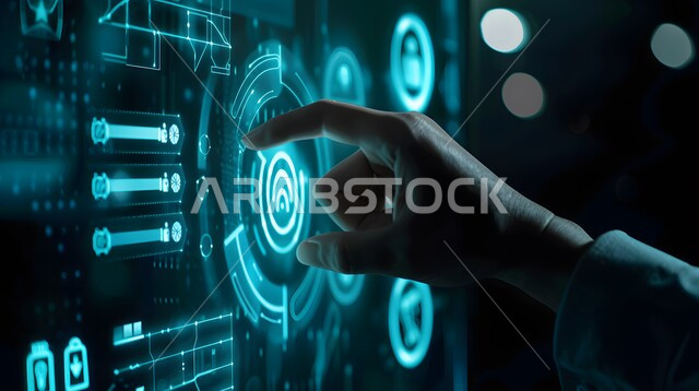 تحسين كفاءة العمل، صورة مقربة ليد رجل يقوم بلمس ايقونات التكلفة والجودة الافتراضية، استخدام التقنيات الالكترونية الحديثة، شاشات الكترونية مضيئة، عناصر ورموز هولوجرامية ثلاثية الابعاد، النمو التكنولوجي في الذكاء الاصطناعي