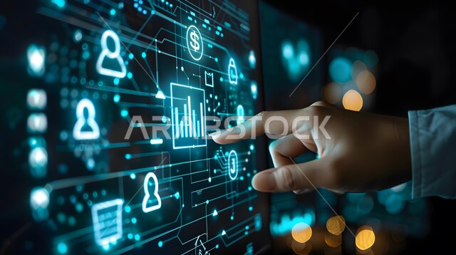 Improving work efficiency, a close-up of a man’s hand touching virtual cost and quality icons, the use of modern electronic technologies, illuminated electronic screens, three-dimensional holographic elements and symbols, technological growth in artificial intelligence