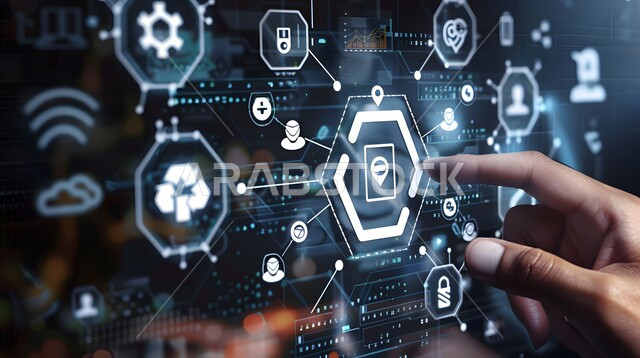 استخدام التقنيات الالكترونية الحديثه، تحسين كفاءة العمل، صورة مقربة ليد رجل يقوم بلمس أيقونات التكلفة والجودة الافتراضية، شاشات الكترونية مضيئة، عناصر ورموز هولوجرامية ثلاثية الابعاد، النمو التكنولوجي في الذكاء الاصطناعي