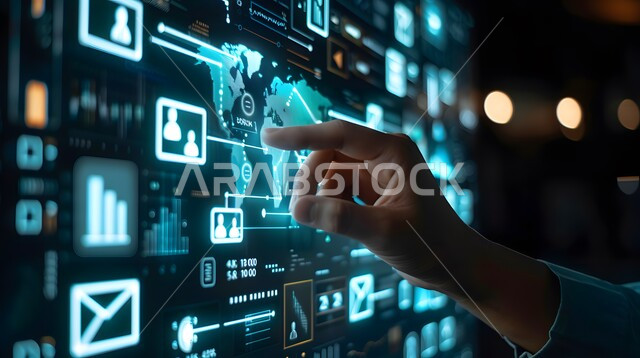 استخدام التقنيات الالكترونية الحديثه، تحسين كفاءة العمل، صورة مقربة ليد رجل يقوم بلمس أيقونات التكلفة والجودة الافتراضية، شاشات الكترونية مضيئة، عناصر ورموز هولوجرامية ثلاثية الابعاد، النمو التكنولوجي في الذكاء الاصطناعي