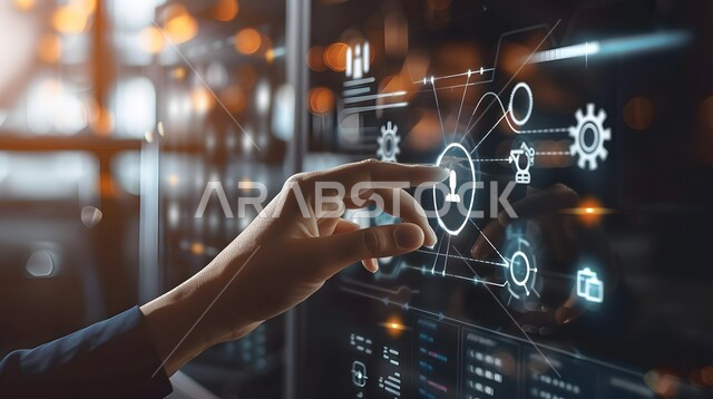 The use of modern electronic technologies, improving work efficiency, a close-up of a man’s hand touching virtual cost and quality icons, illuminated electronic screens, three-dimensional holographic elements and symbols, technological growth in artificial intelligence