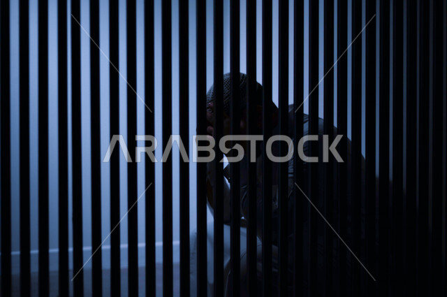 رجل عربي خليجي سعودي خلف القضبان الحديدية ، سجين سعودي جالس يضع يده على راسه ، الشعور بالندم والحزن ، ينتظرالحرية 