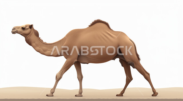 Raising livestock and animals in natural reserves, using animals to move in the desert from one place to another, a portrait of a camel walking in the desert areas of the Kingdom of Saudi Arabia, a ship of the desert camel walking on the soft golden sand