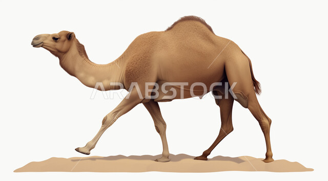  تربية المواشي والحيوانات في المحميات الطبيعيه، استخدام الحيوانات للتنقل في البادية من مكان لآخر، بورتريه لجمل عربي يسير في المملكة العربية السعودية، حيوان الإبل سفينة الصحراء يمشي على الرمال الذهبية الناعمة