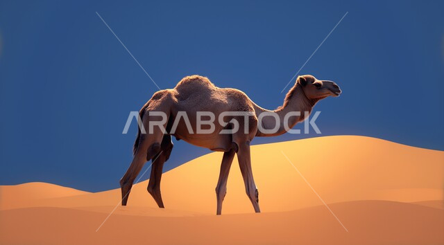 مفهوم رعاية المواشي والحيوانات، التكوينات والتشكيلات الرملية في الصحاري, رسم ثلاثي الأبعاد لحيوان الجمل يقف وسط صحراء المملكة العربية السعودية في وقت الليل, الاهتمام في تربية الجمال و الإبل, الرمال الذهبية في المناطق الصحراوية