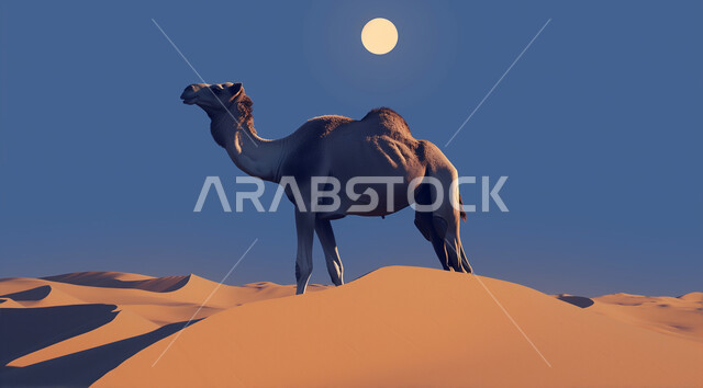 مفهوم رعاية المواشي والحيوانات، التكوينات والتشكيلات الرملية في الصحاري, رسم ثلاثي الأبعاد لحيوان الجمل يقف وسط صحراء المملكة العربية السعودية في وقت الليل, الاهتمام في تربية الجمال و الإبل, الرمال الذهبية في المناطق الصحراوية