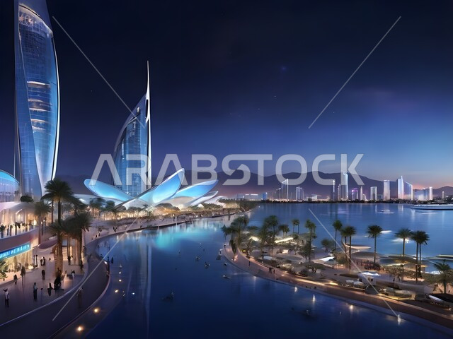 منظر تخيلي مستقبلي للتقدم و النمو العمراني في مدينة نيوم, الفنون و التصاميم الهندسية المعمارية الحديثة لناطحات السحاب في المملكة، صورة بانورامية للأبراج والمباني والمنشآت التجارية، رؤية مستقبلية سعودية 2030، مفهوم تطوير وتحسين البنية التحتية