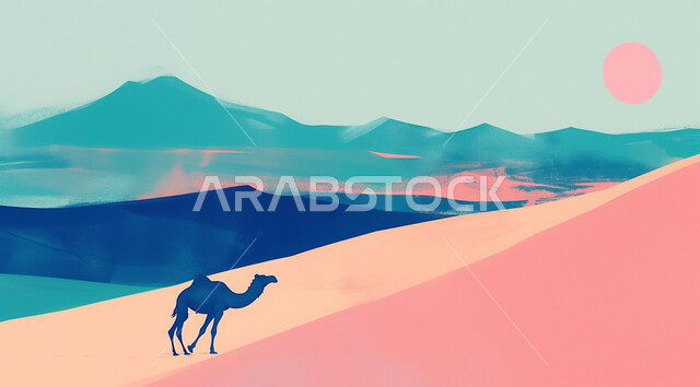  رسوم توضيحية لحيوان الجمل يقف في صحراء المملكة العربية السعودية، الكثبان الرملية و المناطق الصحراوية، مفهوم رعاية المواشي والثدييات، المناظر الطبيعية في الصحاري، الاهتمام في تربية الجمال والإبل، حيوانات التنقل والسفر في القدم