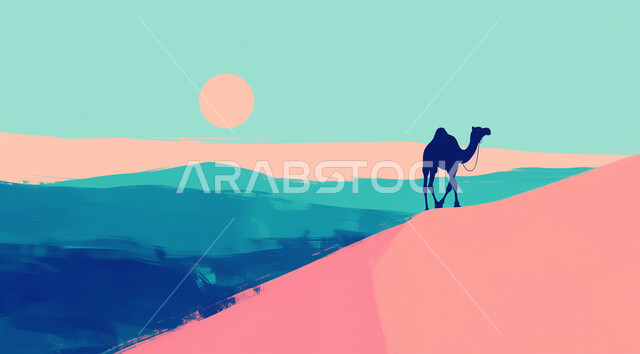  رسوم توضيحية لحيوان الجمل يقف في صحراء المملكة العربية السعودية، الكثبان الرملية و المناطق الصحراوية، مفهوم رعاية المواشي والثدييات، المناظر الطبيعية في الصحاري، الاهتمام في تربية الجمال والإبل، حيوانات التنقل والسفر في القدم