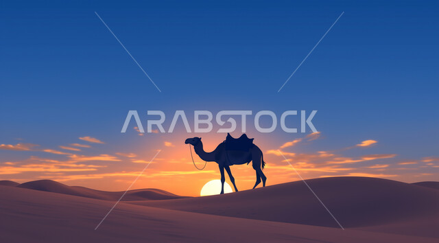 مفهوم الاهتمام بتربية الجمال ورعاية المواشي والثدييات في المملكة العربية السعودية، التضاريس والمرتفعات والقمم الرملية، وسائل التنقل والسفر في القدم، حيوان الجمل يقف وسط الرمال الذهبية الناعمة، محميات طبيعية برية للعناية بالجمال والابل في المناطق الصحراوية