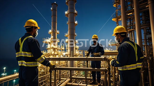  متابعة سير الاعمال في المصانع والمعامل، مجموعة من المهندسين العرب الخليجيين السعوديين يعملون في مصنع تكرير النفط والغاز، العمل في مجال الصناعات والمشاريع البيتروكيماوية، خطوط الأنابيب والكابلات الفولاذية، مفهوم إنتاجية الغاز في المملكة العربية السعودية