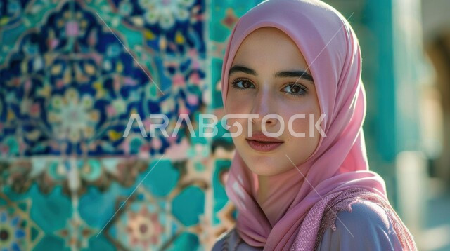  ملابس محجبات عصرية راقية، مفهوم الأنوثة والنعومة، الاهتمام بالمظهر الخارجي والأناقة، صورة مقربة لامرأة عربية خليجية سعودية محجبة مبتسمة تنظر إلى الكاميرا بايماءات الثقة بالنفس