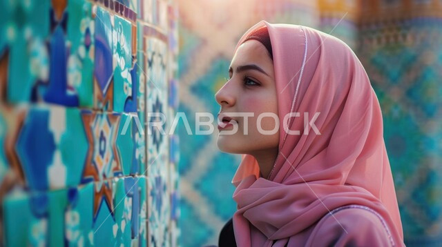  ملابس محجبات عصرية راقية، مفهوم الأنوثة والنعومة، الاهتمام بالمظهر الخارجي والأناقة، صورة مقربة من الجانب لامرأة عربية خليجية سعودية محجبة مبتسمة تنظر إلى شيء ما بايماءات الثقة بالنفس