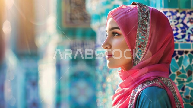  ملابس محجبات عصرية راقية، مفهوم الأنوثة والنعومة، الاهتمام بالمظهر الخارجي والأناقة، صورة مقربة من الجانب لامرأة عربية خليجية سعودية محجبة مبتسمة تنظر إلى شيء ما بايماءات الثقة بالنفس