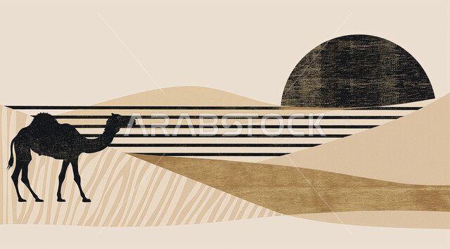 Wild natural reserves for breeding camels and camels, illustrations of a purebred Arabian camel walking in the middle of the desert, hills and sand dunes in desert areas, the concept of caring for livestock and mammals, soft golden sand