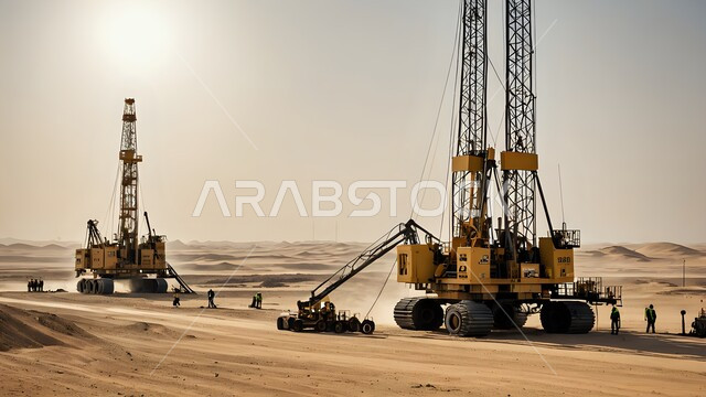 حفارة تقوم بالتنقيب عن النفط في الصحراء في النهار, استيراد وتصدير الثروات الباطنية، جودة الأدوات والمعدات لصناعة وتخزين البترول، رافعات وآلات حفر ضخمة لاستخراج النفط والزيوت
