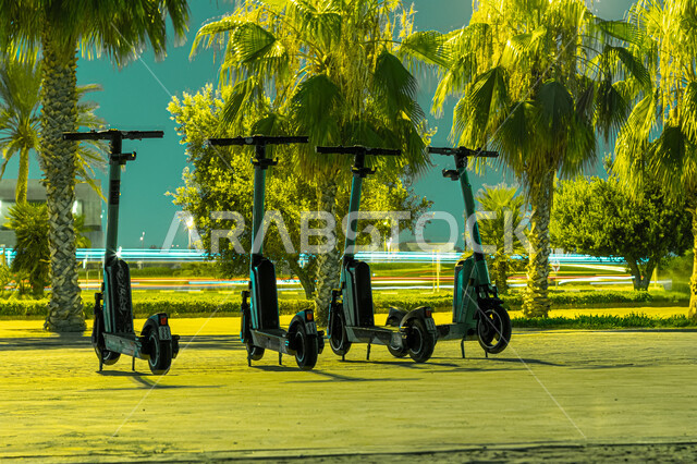 ركوب السكوتر الكهربائي في كورنيش مدينة دبي, وسائل النقل والتنقل البسيطة في شاطئ الممزر، الاهتمام بزراعة الاشجار والنباتات الخضراء في الأماكن السياحية في الامارات العربية المتحدة، أنشطة ترفيهية باستخدام الدراجة الكهربائية