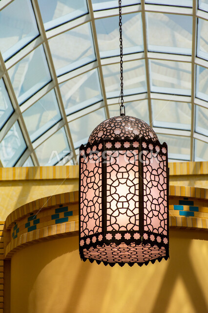 Ramadan lantern hanging on the ceiling, close-up of a traditional metal lamp, authentic Eastern Arab heritage, Ibn Battuta Mall in Dubai, United Arab Emirates, famous tourist places and landmarks, interior designs and decorations, lighting, decorations and accessories