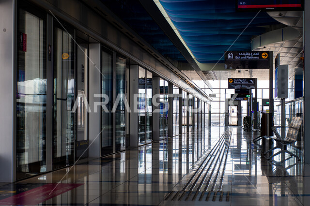 Metriz Ibn Battuta Station in Dubai, the concept of public transportation in the United Arab Emirates, advanced infrastructure, providing facilities and services for departures and arrivals.