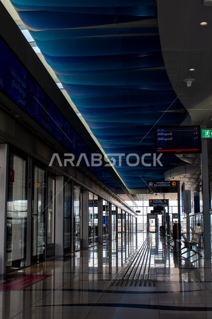 Metriz Ibn Battuta Station in Dubai, the concept of public transportation in the United Arab Emirates, advanced infrastructure, providing facilities and services for departures and arrivals.