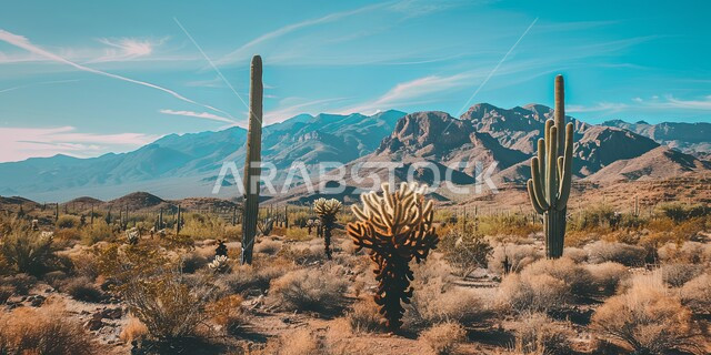 النباتات الشوكية والاعشاب البرية في المحميات الطبيعية، مجموعة من نبات الصبار الشوكي في المناطق الصحراوية، نمو الشوكيات والأعشاب في براري المملكة العربية السعودية