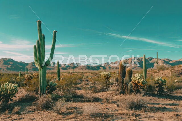 النباتات الشوكية والاعشاب البرية في المحميات الطبيعية، مجموعة من نبات الصبار الشوكي في المناطق الصحراوية، نمو الشوكيات والأعشاب في براري المملكة العربية السعودية