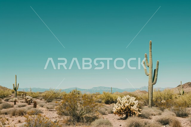 النباتات الشوكية والاعشاب البرية في المحميات الطبيعية، مجموعة من نبات الصبار الشوكي في المناطق الصحراوية، نمو الشوكيات والأعشاب في براري المملكة العربية السعودية