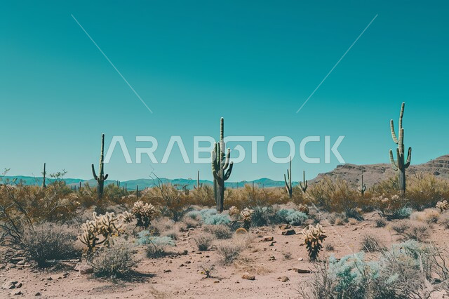 النباتات الشوكية والاعشاب البرية في المحميات الطبيعية، مجموعة من نبات الصبار الشوكي في المناطق الصحراوية، نمو الشوكيات والأعشاب في براري المملكة العربية السعودية