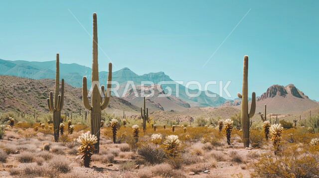 النباتات الشوكية والاعشاب البرية في المحميات الطبيعية، مجموعة من نبات الصبار الشوكي في المناطق الصحراوية، نمو الشوكيات والأعشاب في براري المملكة العربية السعودية