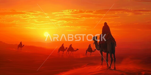 نوق أصيلة تتنقل في صحاري المملكة العربية السعودية، صورة ظلية لقافلة من الجمال تسير على الرمال الذهبية في الصحراء العربية، تربية الإبل في المحميات الطبيعية بالمناطق الصحراوية، تشكل الكثبان والتلال الرملية، سالوليت