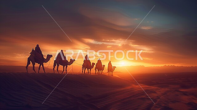 تربية الإبل في المحميات الطبيعية بالمناطق الصحراوية، نوق أصيلة تتنقل في صحاري المملكة العربية السعودية، صورة ظلية لقافلة من الجمال تسير على الرمال الذهبية في الصحراء العربية، الكثبان والتلال الرملية، سالوليت