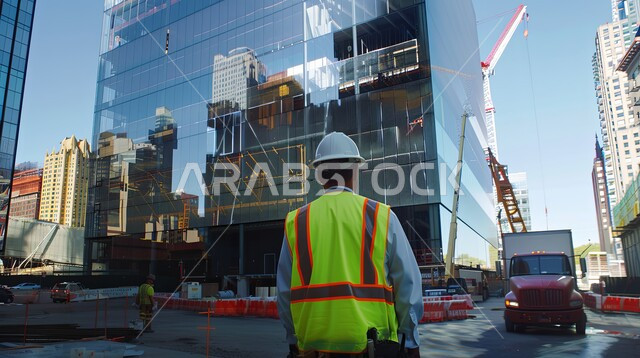 تطور ونمو القطاع الهندسي في المملكة، الاشراف على المشاريع في موقع العمل، صورة من الخلف لمهندس مدني شاب عربي خليجي سعودي يرتدي سترة وخوذة الحماية، مهن ووظائف هندسية سعودية