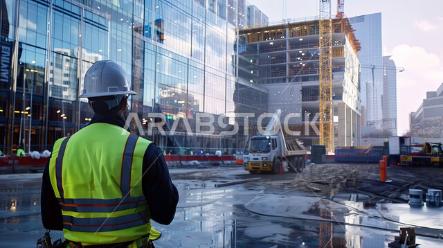تطور ونمو القطاع الهندسي في المملكة، الاشراف على المشاريع في موقع العمل، صورة من الخلف لمهندس مدني شاب عربي خليجي سعودي يرتدي سترة وخوذة الحماية، مهن ووظائف هندسية سعودية