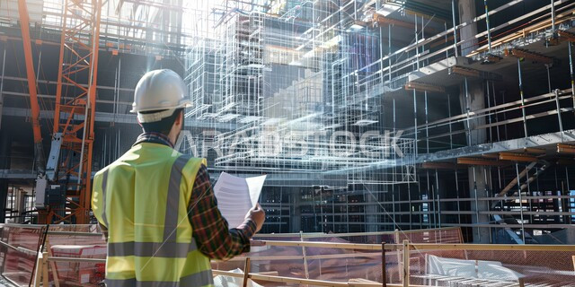 Development and growth of the engineering sector in the Kingdom, supervising projects on the work site, a picture from the back of a young Saudi Arabian Gulf civil engineer wearing a protective jacket and helmet, Saudi engineering professions and jobs, drilling and construction machines at the construction site