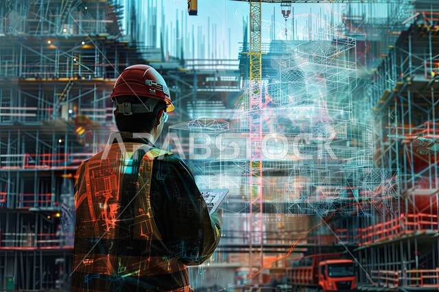 Development and growth of the engineering sector in the Kingdom, supervising projects on the work site, a picture from the back of a young Saudi Arabian Gulf civil engineer wearing a protective jacket and helmet, Saudi engineering professions and jobs, drilling and construction machines at the construction site