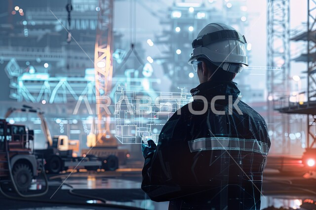 تطور ونمو القطاع الهندسي في المملكة، الاشراف على المشاريع في موقع العمل، صورة من الخلف لمهندس مدني شاب عربي خليجي سعودي يرتدي سترة وخوذة الحماية، مهن ووظائف هندسية سعودية