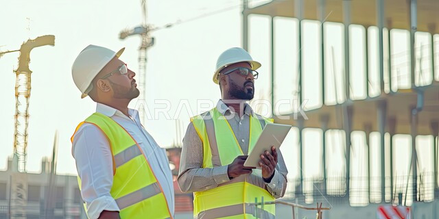 فريق من المهندسيين العرب الخليجيين السعوديين يقوم بالمهام المطلوبة, العمل في مجال الهندسة الإنشائية, متابعة سير المشروع من موقع العمل, ارتداء سترة الحماية, وضع الخطط ورسم المخططات المعمارية, النهضة العمرانية في المملكة العربية السعودية