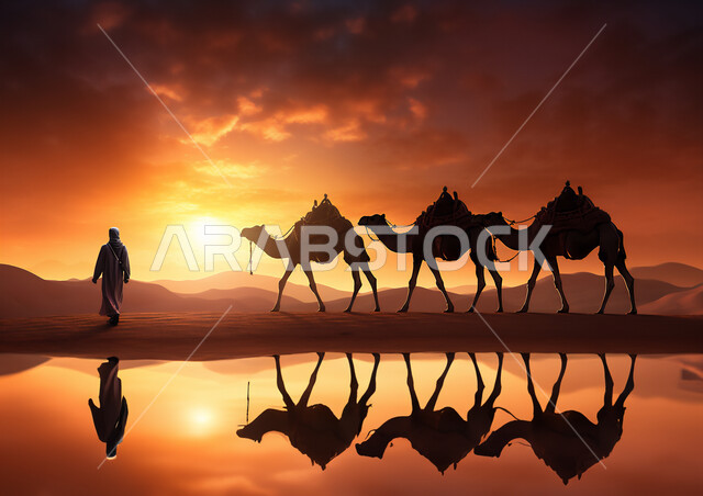 الرمال الذهبية الناعمة الناعمة في الأماكن الصحراوية، الإهتمام في تربية ورعاية الحيوانات الثدية، استخدام الإبل في التنقل في صحارى المملكة العربية السعودية، صورة ظلية لمجموعة من الجمال تسير فوق الكثبان الرملية في الصحراء في وقت الغروب