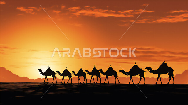 الرمال الذهبية الناعمة الناعمة في الأماكن الصحراوية، الإهتمام في تربية ورعاية الحيوانات الثدية، استخدام الإبل في التنقل في صحارى المملكة العربية السعودية، صورة ظلية لمجموعة من الجمال تسير فوق الكثبان الرملية في الصحراء في وقت الغروب