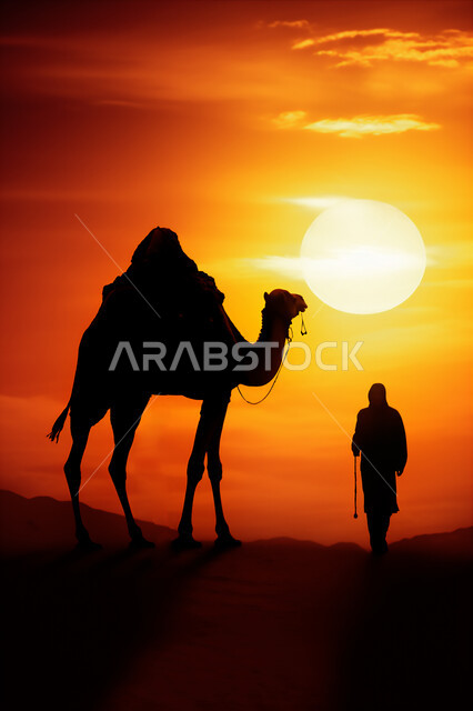الرمال الذهبية الناعمة الناعمة في الأماكن الصحراوية، الإهتمام في تربية ورعاية الحيوانات الثدية، استخدام الإبل في التنقل في صحارى المملكة العربية السعودية، صورة ظلية لرجل عربي خليجي سعودي يقف بجانب جمل في الصحراء وقت الغروب