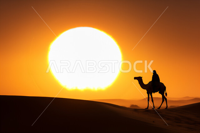 استخدام الإبل في التنقل في صحارى المملكة العربية السعودية، الإهتمام في تربية ورعاية الحيوانات الثدية، الرمال الذهبية الناعمة الناعمة في الأماكن الصحراوية، صورة ظلية لرجل عربي خليجي سعودي يمتطي الجمل في الصحراء وقت الغروب