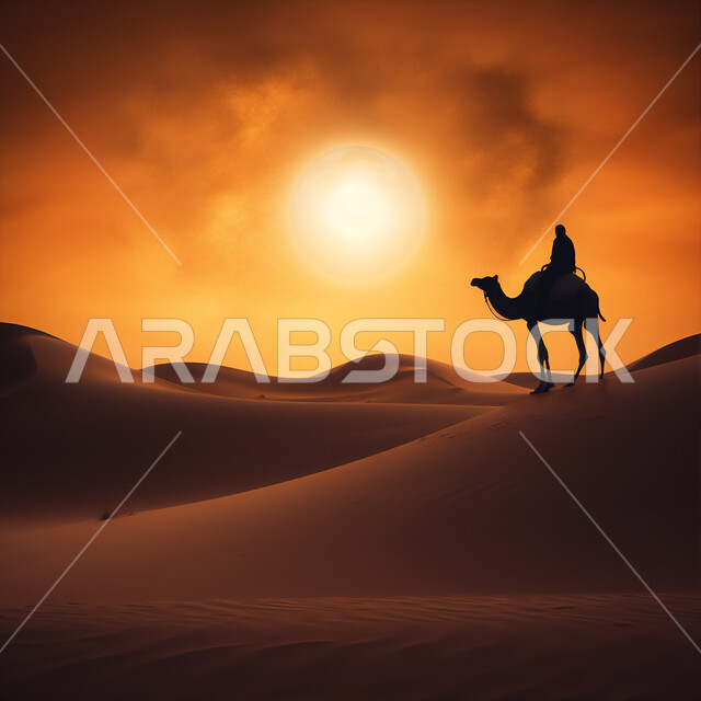 الإهتمام في تربية ورعاية الحيوانات الثدية، استخدام الإبل في التنقل في صحارى المملكة العربية السعودية، الرمال الذهبية الناعمة الناعمة في الأماكن الصحراوية، صورة ظلية لرجل عربي خليجي سعودي يمتطي الجمل في الصحراء وقت الغروب