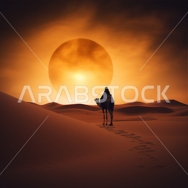 الإهتمام في تربية ورعاية الحيوانات الثدية، استخدام الإبل في التنقل في صحارى المملكة العربية السعودية، الرمال الذهبية الناعمة الناعمة في الأماكن الصحراوية، صورة ظلية لرجل عربي خليجي سعودي يمتطي الجمل في الصحراء وقت الغروب