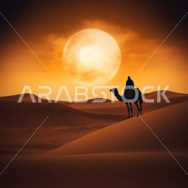 Using camels to move around in the deserts of Saudi Arabia, interest in raising and caring for mammals, soft golden sand in desert areas, silhouette of a Saudi Arabian Gulf man riding a camel in the desert at sunset