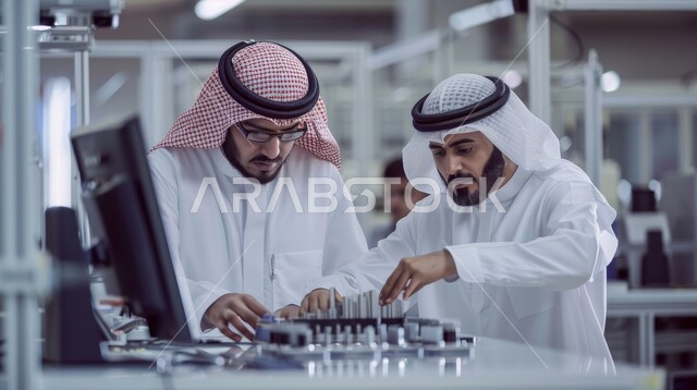 التعاون في اداء الأعمال، مهندسان عربيان خليجيان سعوديان يرتديان الزي التقليدي يقومان بالعمل على مشروع ما، استخدام الأجهزة التقنية الحديثة في إنجاز المهام، مهن ووظائف هندسية، مفهوم الابتكار والصناعات الهندسية